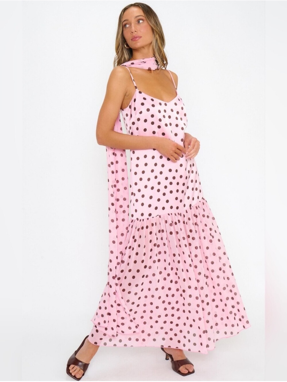 Show Me Your MuMu Pink Polka Dot Maxi Dress with Scarf Neck